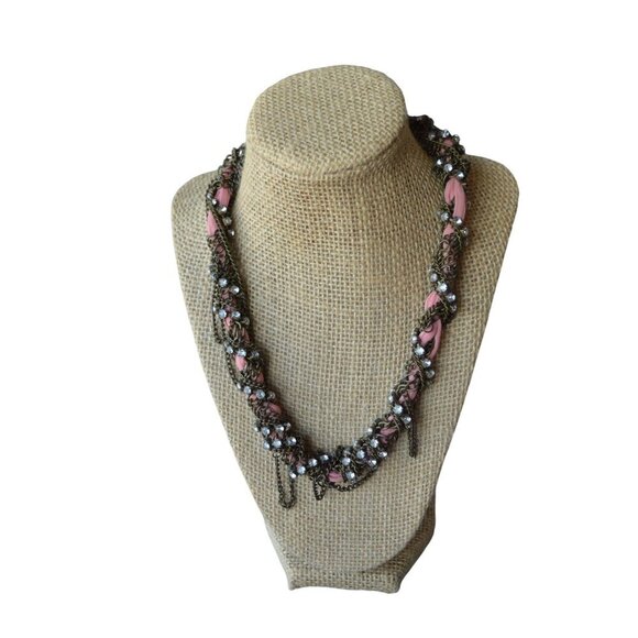 Vintage Statement Necklace With Pink Beads & Rhinestones Chain Design For Women - Picture 1 of 7